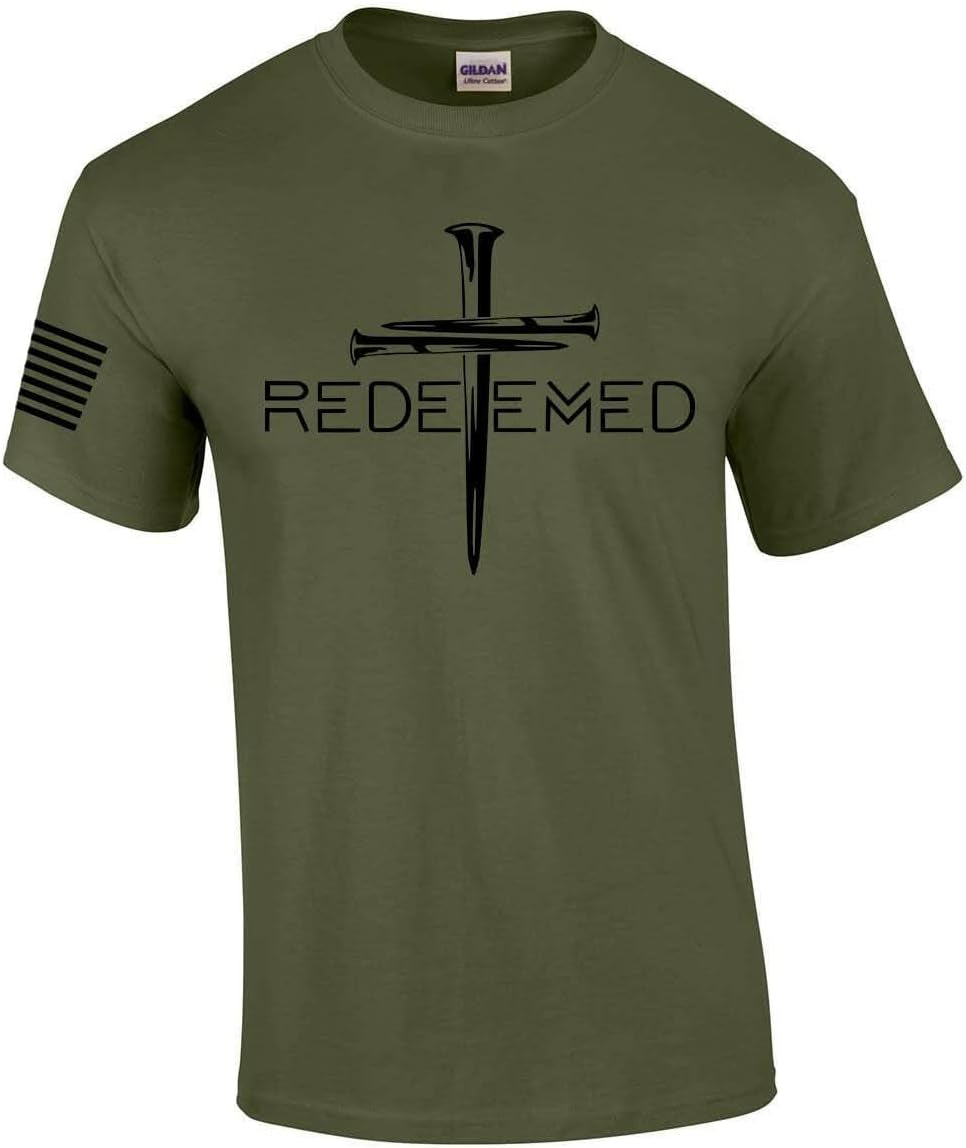 Redeemed Cross Nails Mens Christian American Flag Sleeve T-Shirt Graphic Tee