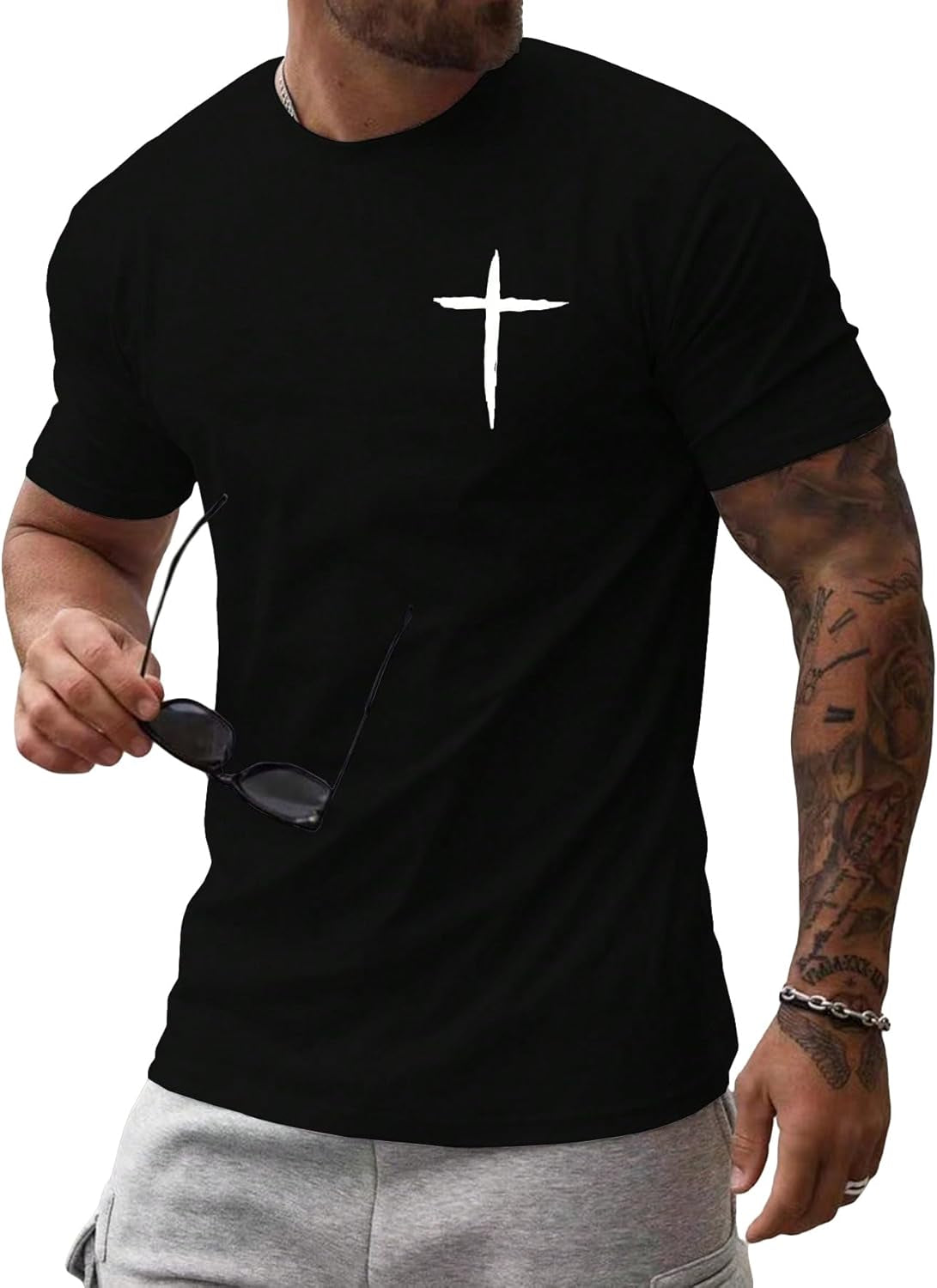 Men'S Cross Print Short Sleeve T Shirt Crewneck Tee Shirts