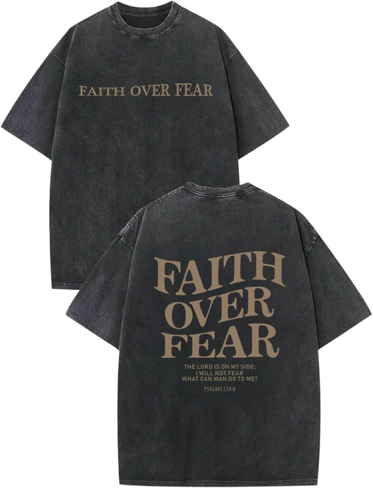 Christian Faith over Fear Shirt for Men Jesus Religious Shirts Oversized Graphic Tees Acid Wash God T-Shirt