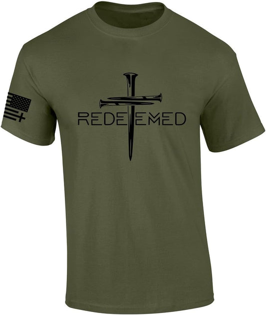 Redeemed Cross Nails Mens Christian American Flag Sleeve T-Shirt Graphic Tee